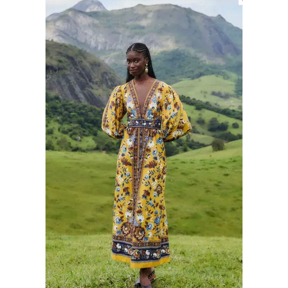 NWT /  ⁠FARM Rio Yellow Flowering Garden Tree Organic Cotton Maxi Dress / sz S